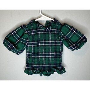 Janie And Jack Girl 3T Plaid Smocked Green Top Puff Sleeve